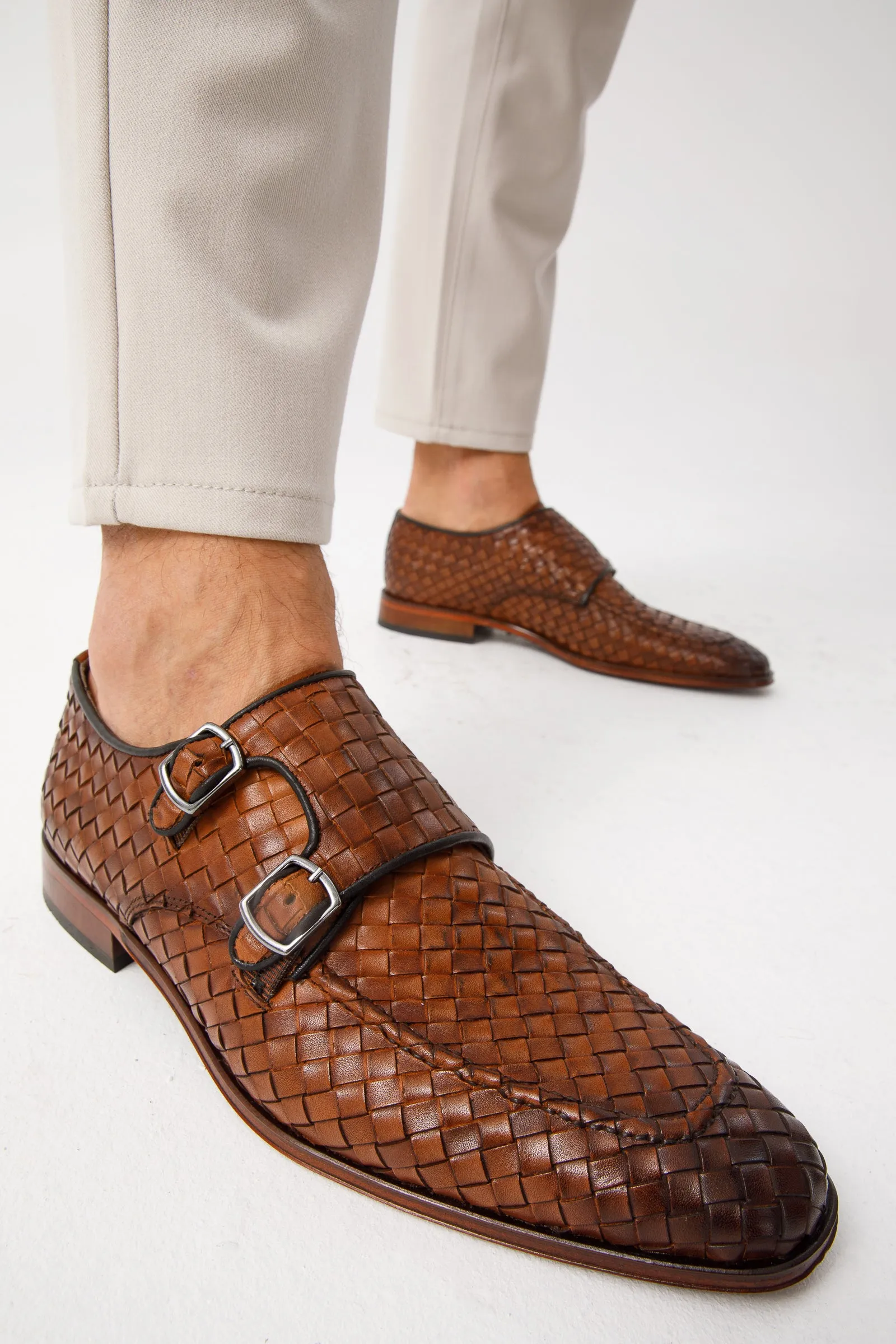 The Turan Brown Woven Double Monk Strap Dress Men Shoe