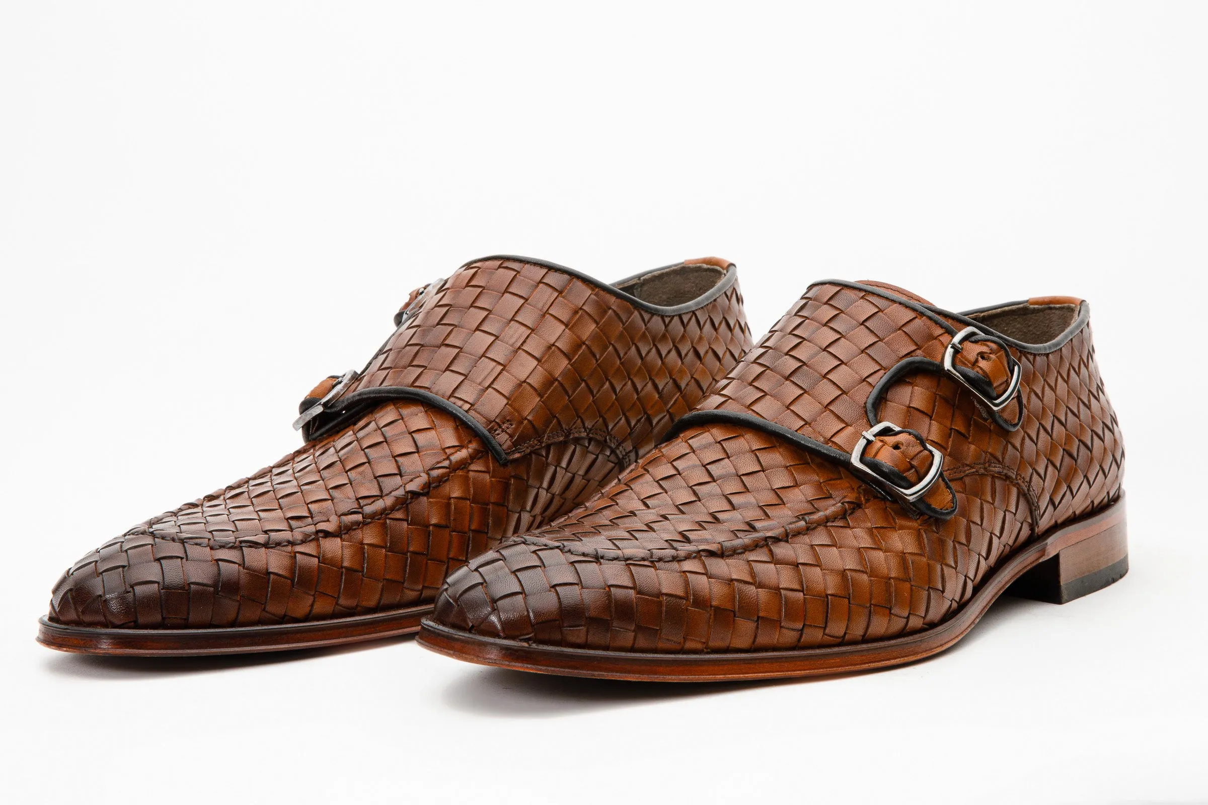 The Turan Brown Woven Double Monk Strap Dress Men Shoe