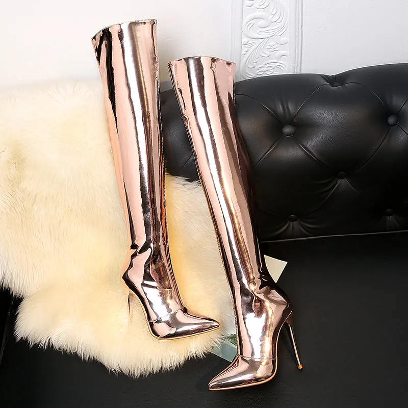 TinaCus Patent Leather Pointed Toe Stiletto Heel Plus-size Customized Circumference Over The Knee High Boots