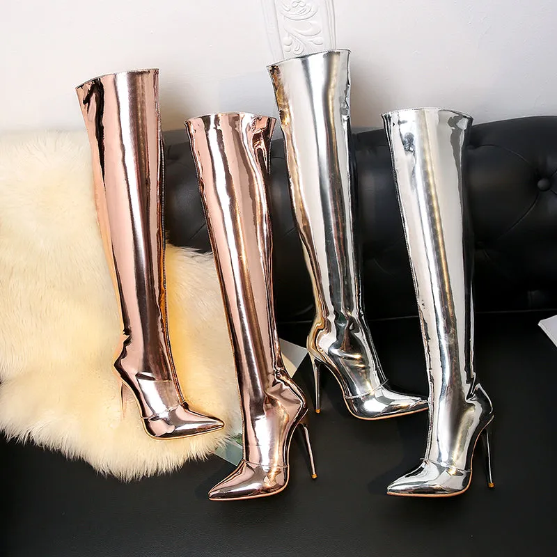 TinaCus Patent Leather Pointed Toe Stiletto Heel Plus-size Customized Circumference Over The Knee High Boots