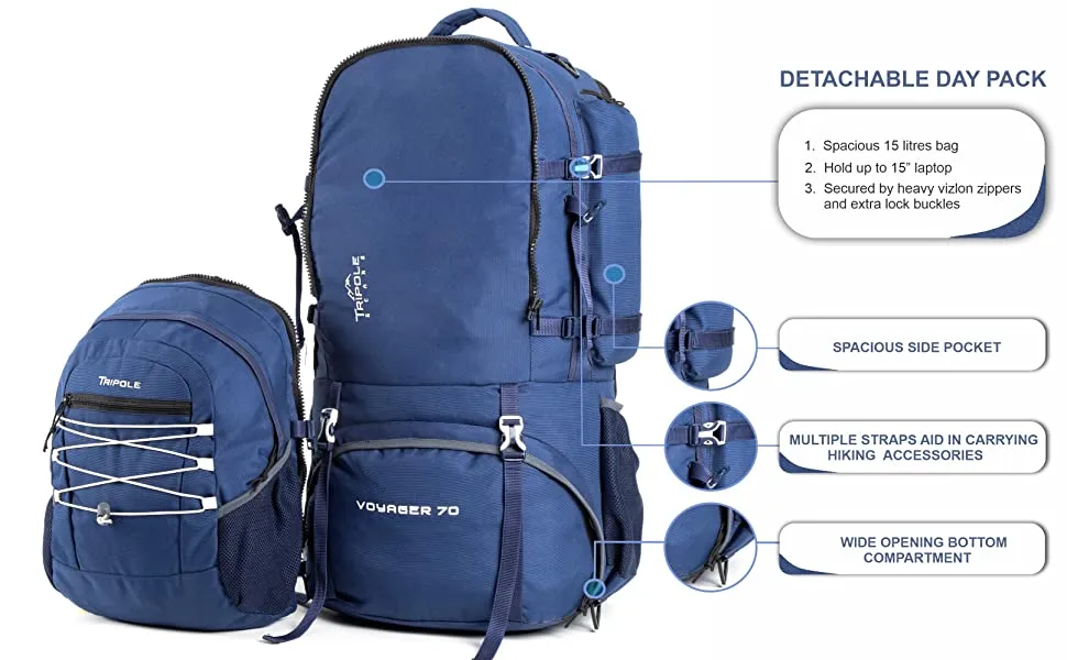 Tripole Voyager Rucksack and Backpack for Travelling with Detachable Bag | 55 Litres | Navy Blue