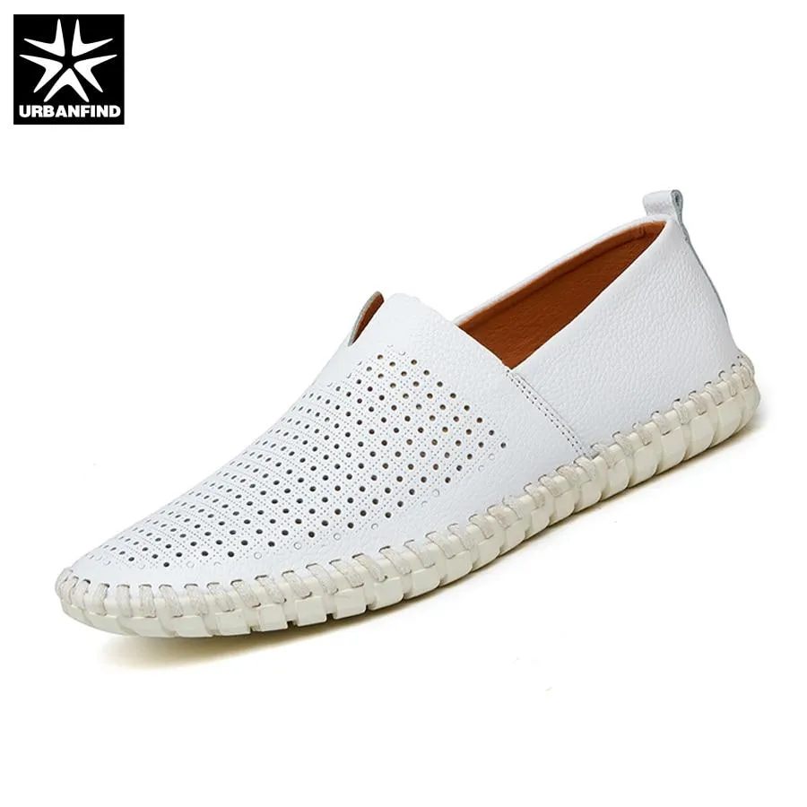 URBANFIND Summer Style Men Leather Loafers Slip-on Shoes Big Size 38-47 Hollow Design Man Breathable Casual Flats