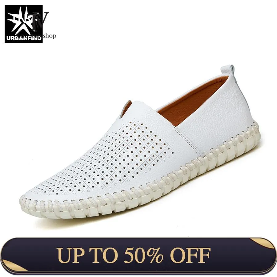 URBANFIND Summer Style Men Leather Loafers Slip-on Shoes Big Size 38-47 Hollow Design Man Breathable Casual Flats