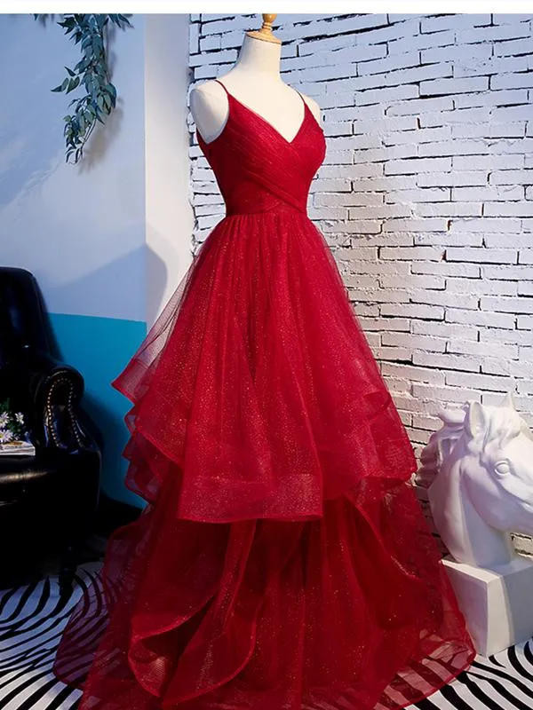 V Neck Red Prom Dresses,Princess Formal Evening Dress