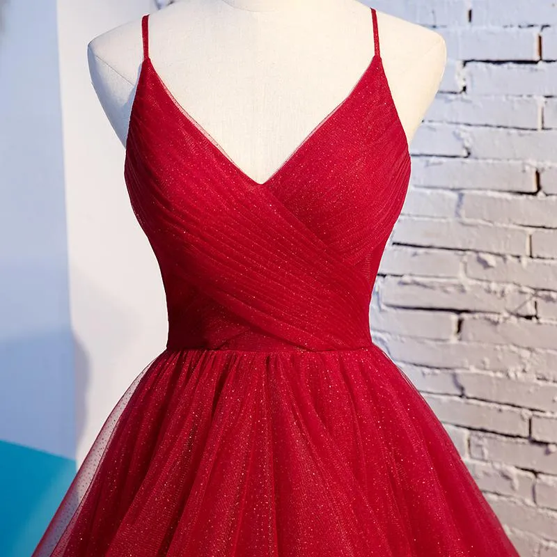 V Neck Red Prom Dresses,Princess Formal Evening Dress