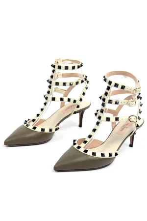 Valentino Green & Cream Rockstud Heels Cage Triple Ankle Strap Shoes