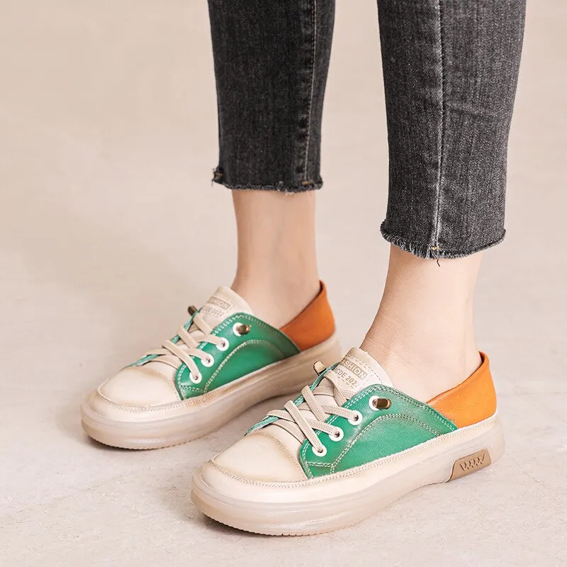 Versatile Mixed Colors Lace-Up Flat Sneakers for Women