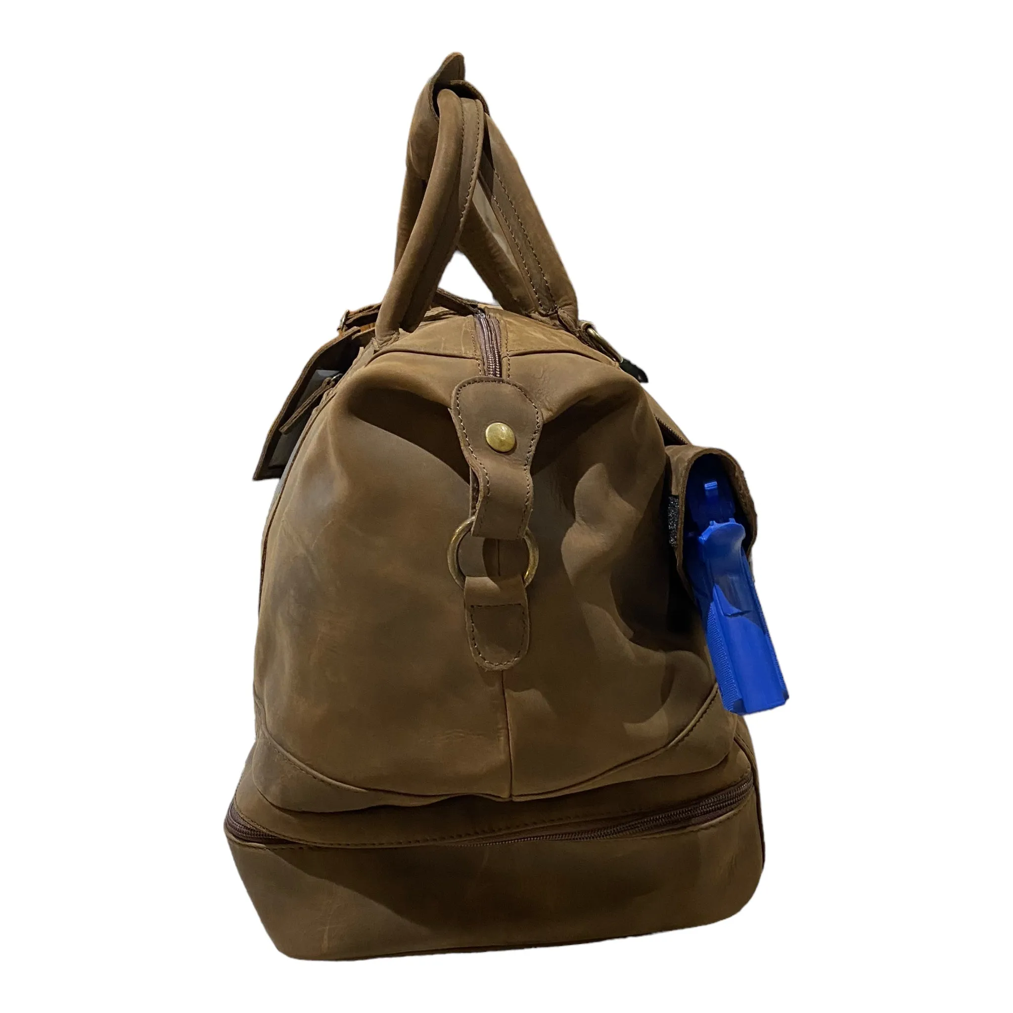 Weekender Bag with shoe compartment in brown color suede Leather - Professional Players Favorite - concealed carry!