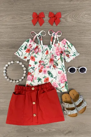 White & Red Floral Cold Shoulder Skirt Set