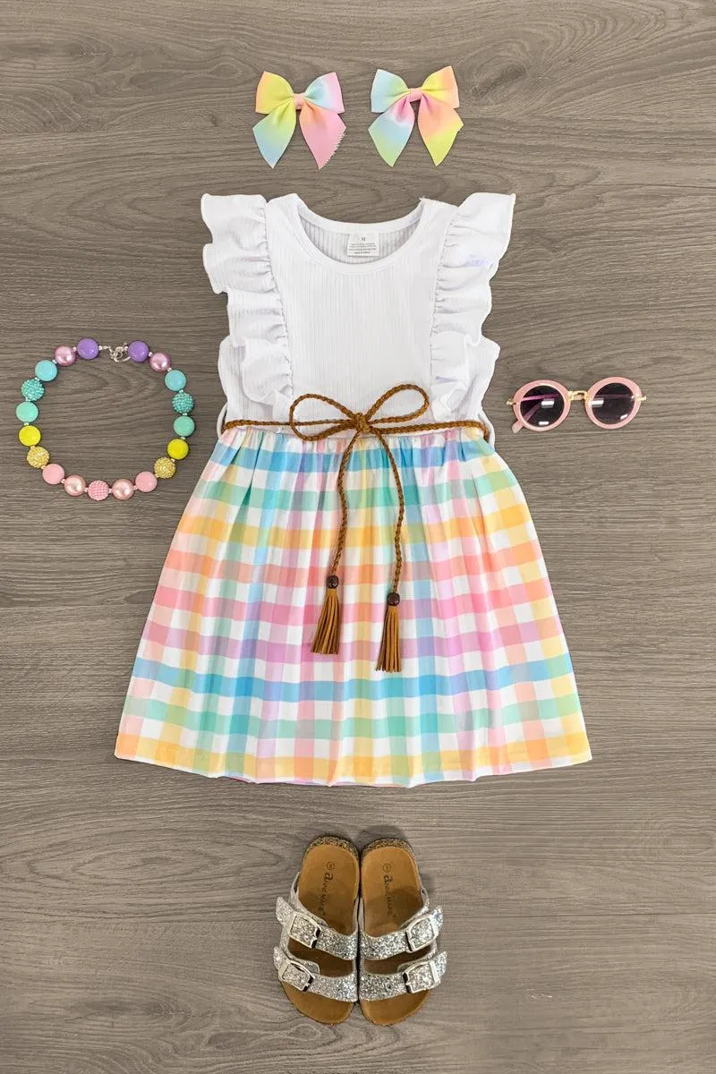 White Pastel Rainbow Plaid Dress