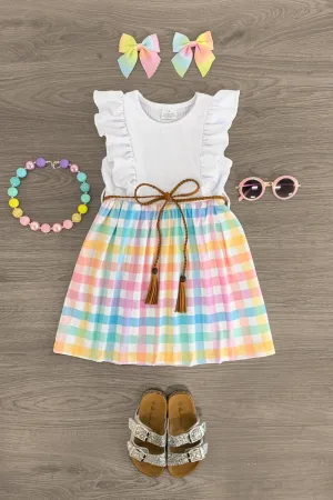 White Pastel Rainbow Plaid Dress