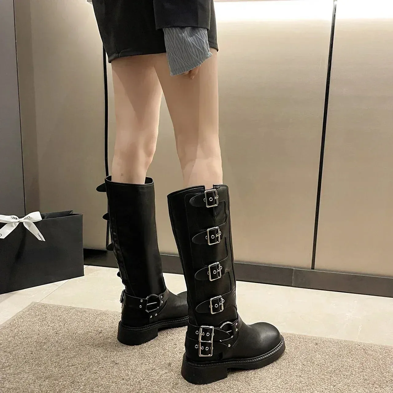 Wjczt Woman Boots Knee High Platform Elegant Low Heel Trend Punk Gothic New Rock Leather Fashion Women's Shoes Motorcycle Footwear