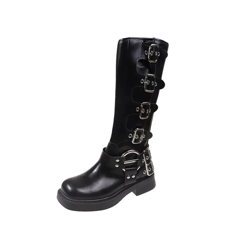 Wjczt Woman Boots Knee High Platform Elegant Low Heel Trend Punk Gothic New Rock Leather Fashion Women's Shoes Motorcycle Footwear