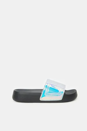 Women Sliver And Black Joy Embossed Slide