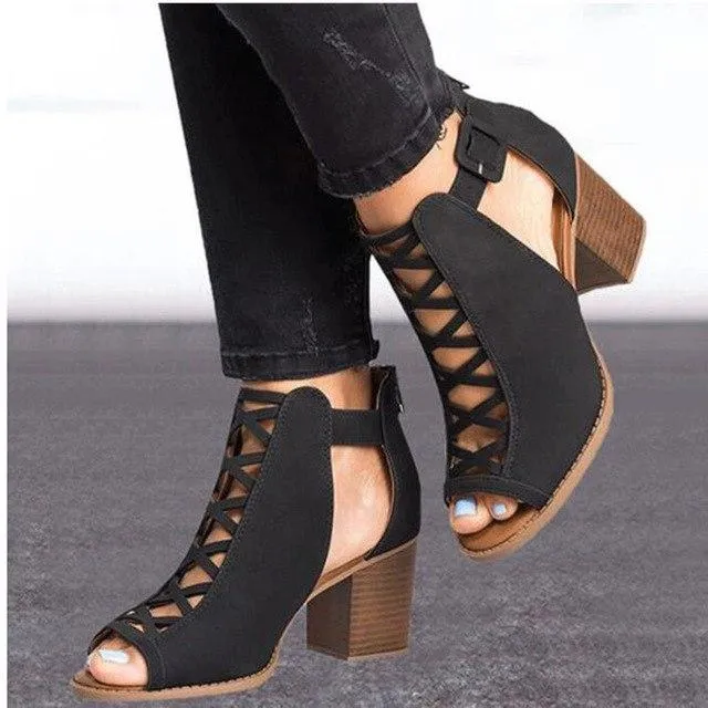 Women Thick Heel Pumps New Sexy Style Women Peep Toe Pumps Flock Leather Autumn Shoes with Zipper Pumps