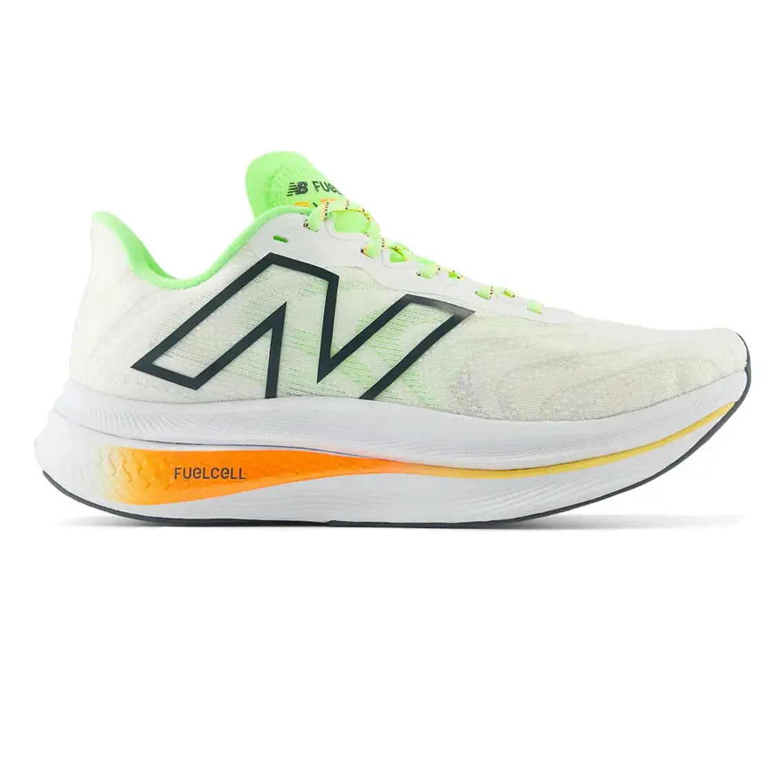 Womens New Balance FuelCell SuperComp Trainer v2 - White / Bleached Lime Glo / Hot Mango